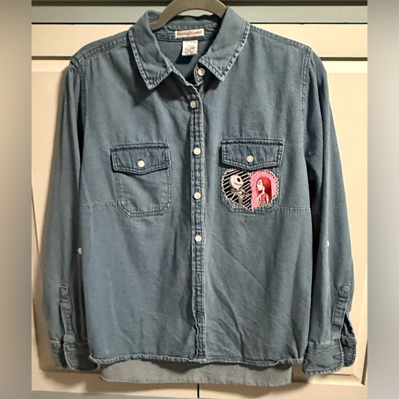 Upcycled Nightmare Before Christmas Graphic Tee on Vintage Denim Shirt Size MP - Picture 2 of 5